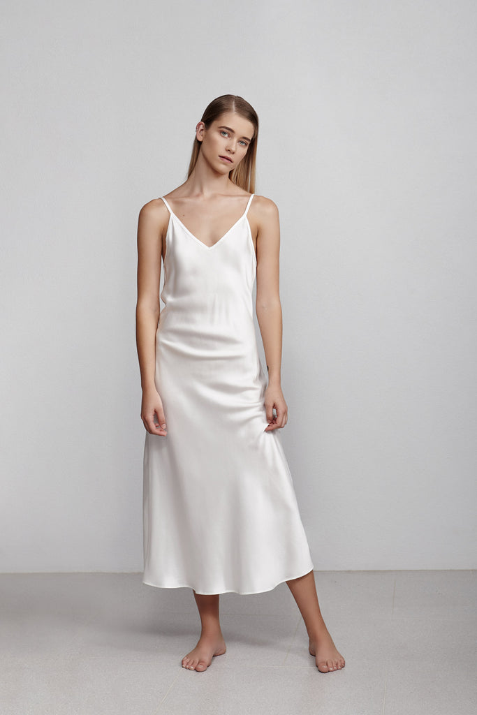 Long V neck silk slip dress, ivory white, front view