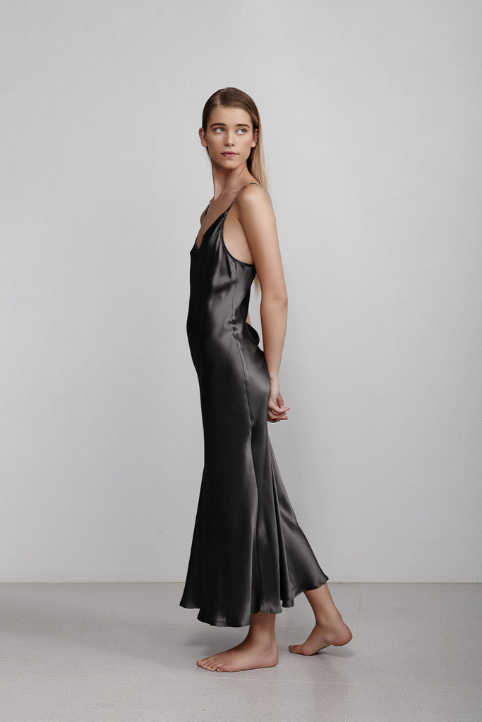 Long V neck silk slip dress, black, side view