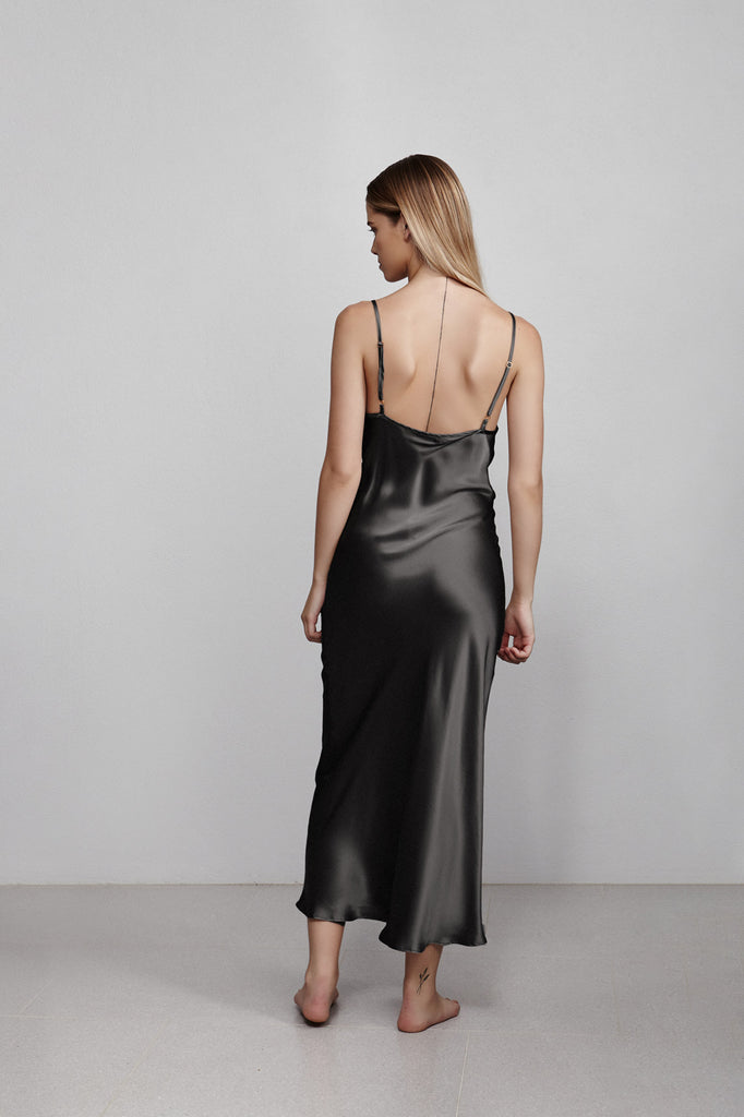 Long V neck silk slip dress, black, back view