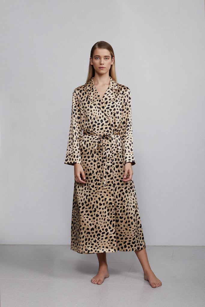 Double breasted silk robe dressing gown, leopard print, front view