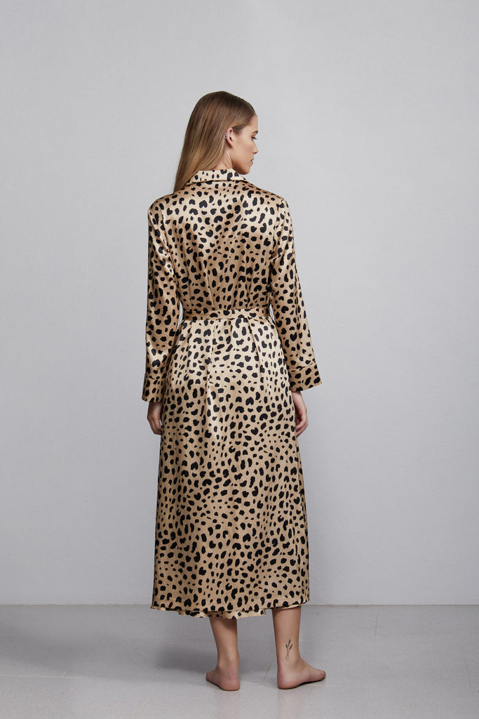 Double breasted silk robe dressing gown, leopard print, back view