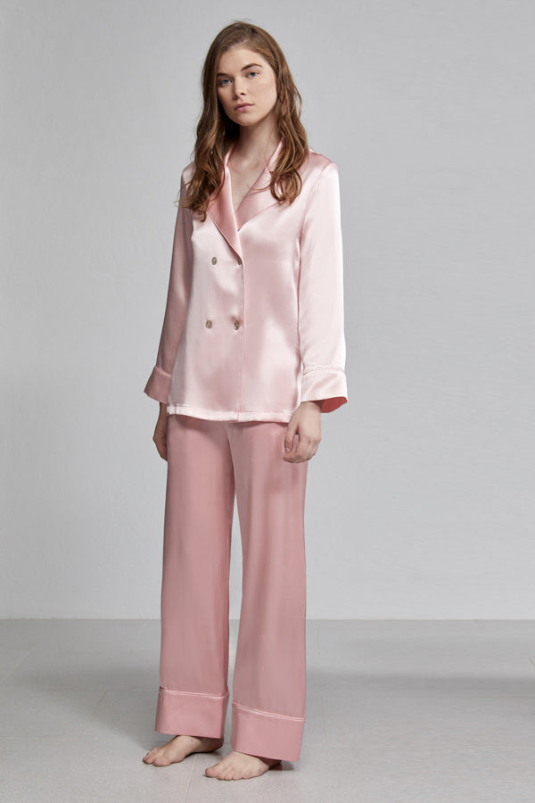 Silk Pyjama Pull On Elastic Waist Relaxed Long Pant, Rose pink, Front