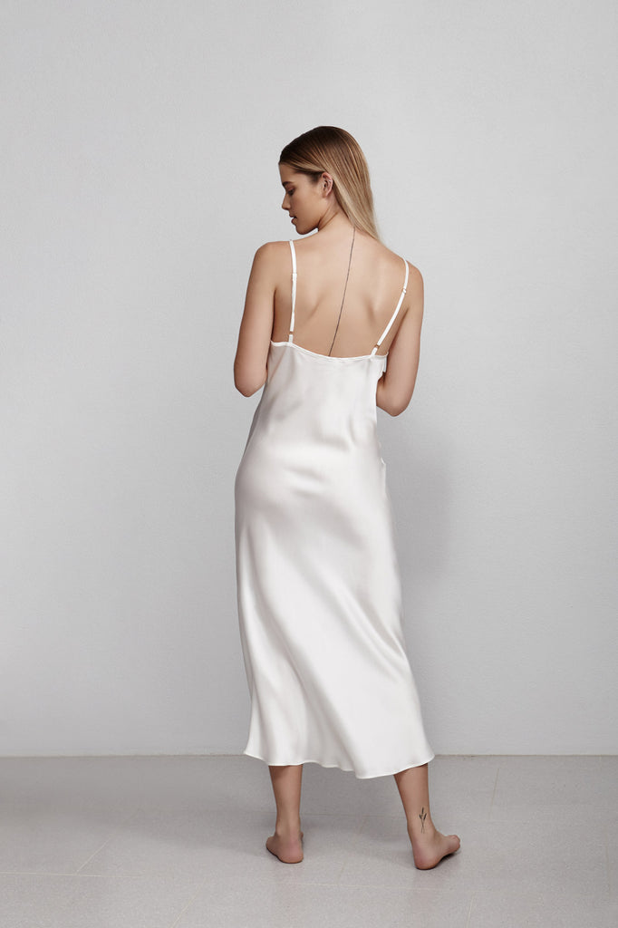 Long V neck silk slip dress, ivory white, back view