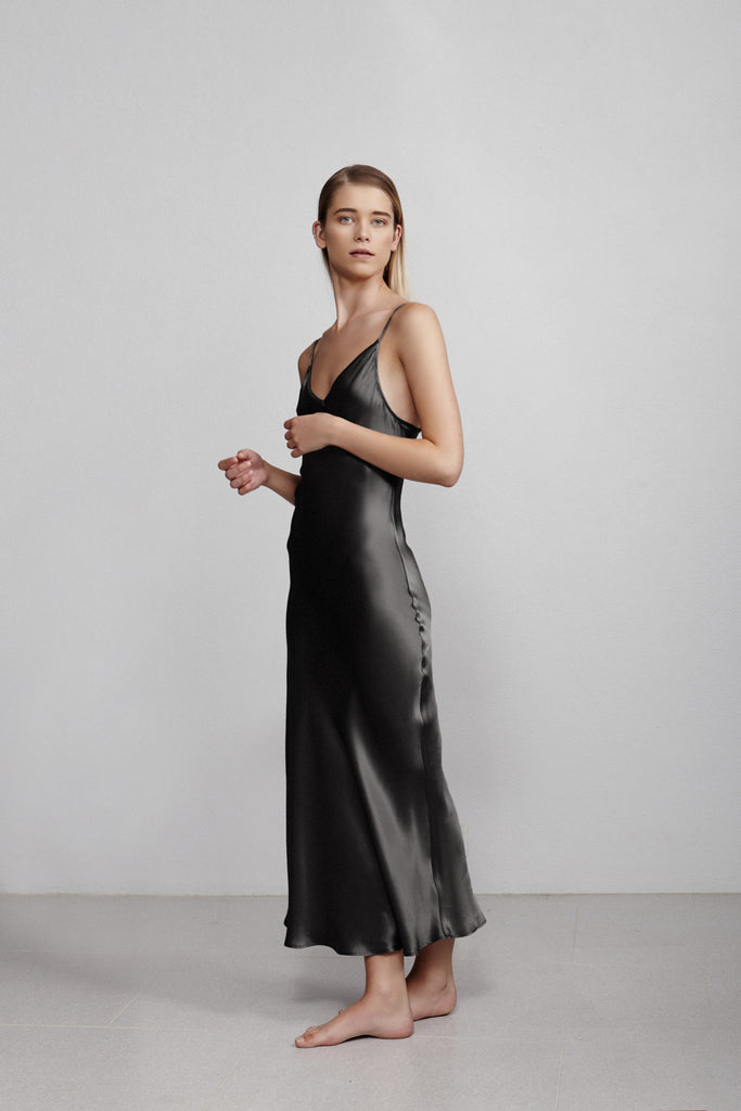 Long V neck silk slip dress, black, side view