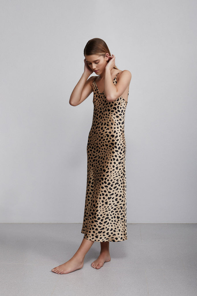 Long V neck silk slip dress, leopard print, side view
