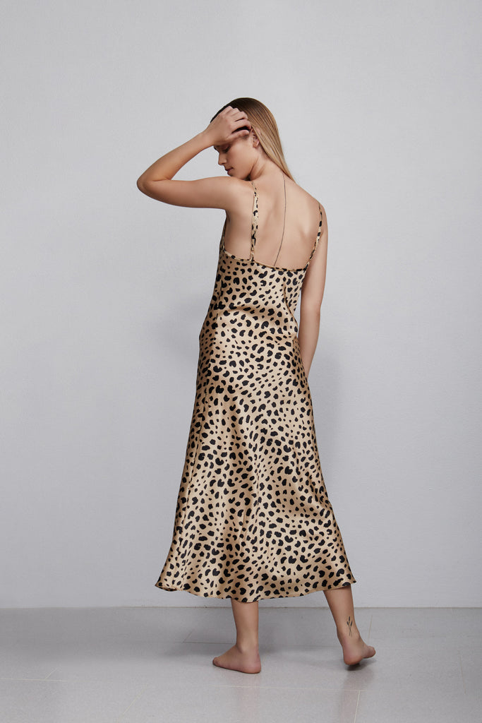 Long V neck silk slip dress, leopard print, back view