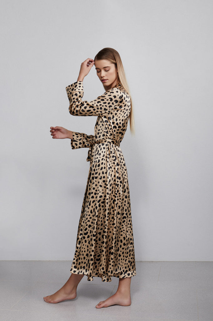 Double breasted silk robe dressing gown, leopard print, side view