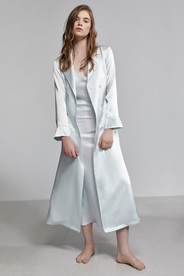 Silk Pyjama Double Breasted Long Sleeve Robe With Waist Tie, Iceberg blue, Front