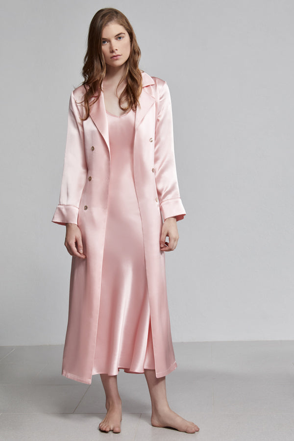 Silk Pyjama Double Breasted Long Sleeve Robe With Waist Tie, Rose pink, Front