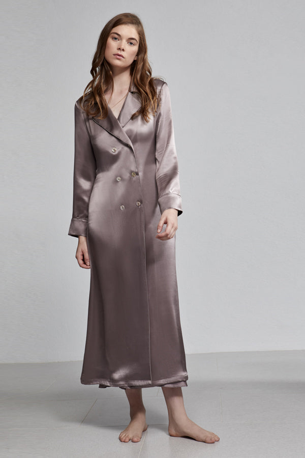 Silk Pyjama Double Breasted Long Sleeve Robe With Waist Tie, Smoke Grey, Front