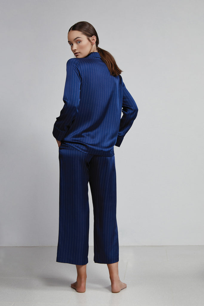 Double Breasted Long Sleeve Top, Navy Pinstripe, Back