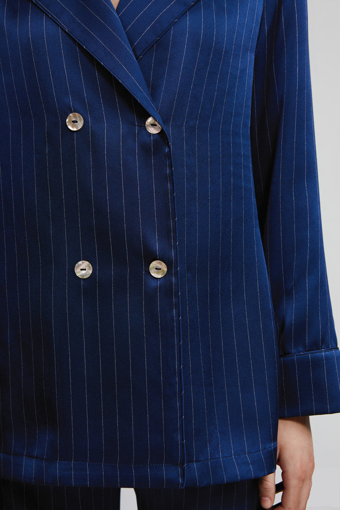 Double Breasted Long Sleeve Top, Navy Pinstripe, Close Up