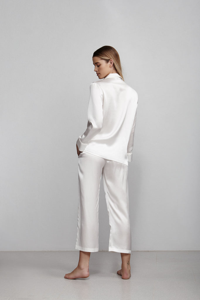 Elastic waist cropped pull on pant, ivory, back view