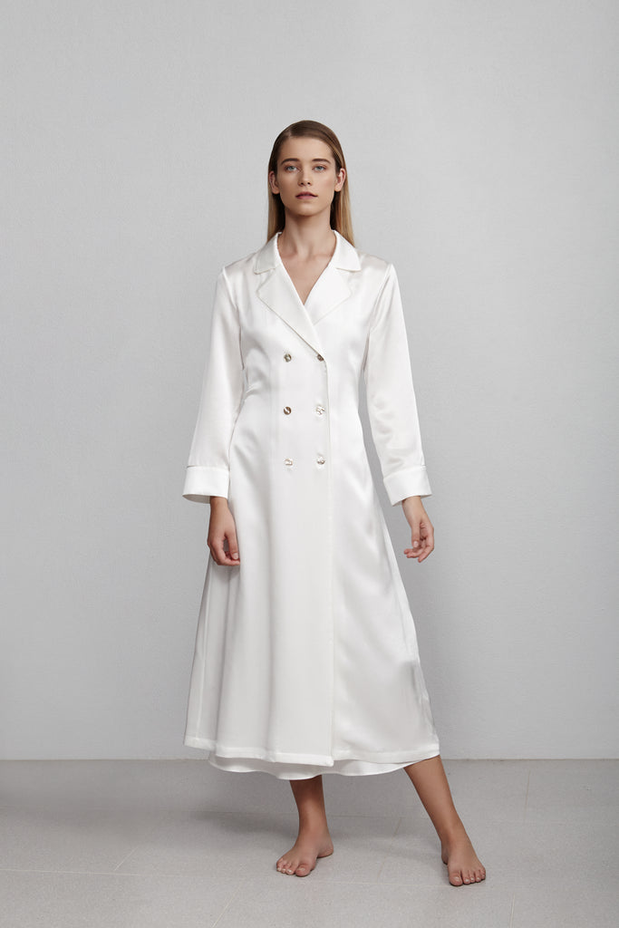 Double breasted silk robe dressing gown, ivory white, front view