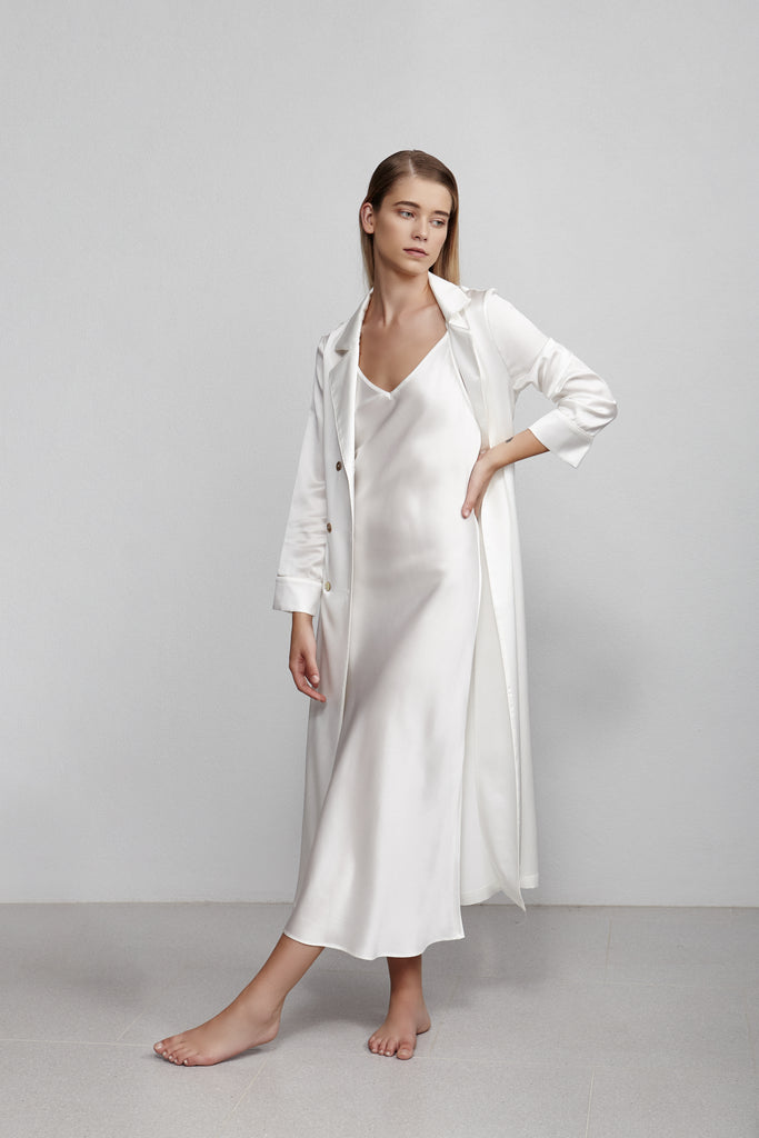 Double breasted silk robe dressing gown, ivory white, side view