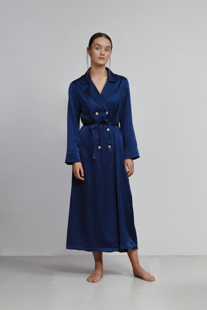 Double Breasted Robe, Navy Pinstripe, Front