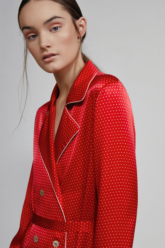 Double Breasted Robe, Red and Pink Polkadot, Close Up