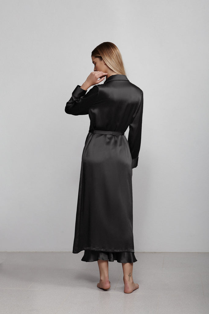 Double breasted silk robe dressing gown, black, back view