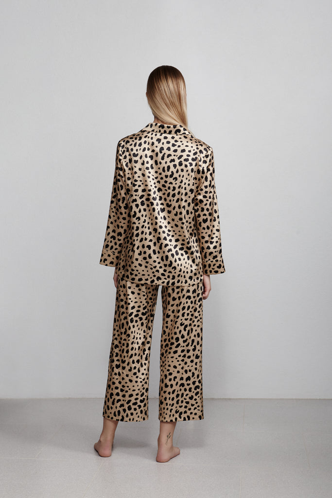 Double breasted silk pyjama shirt top, leopard print, back view